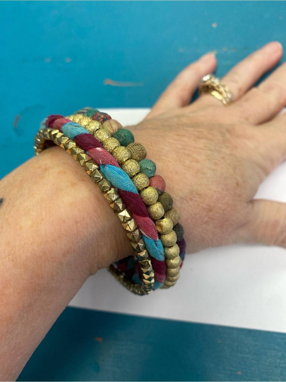Wrap around Multicolor Bead & Braided Gold Accent Bracelet Set